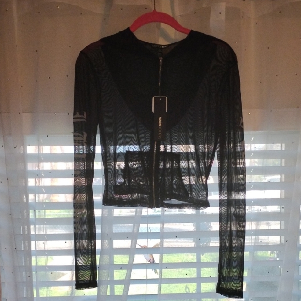 Fashion Nova Black Sheer Zip-Front Long Sleeve Blouse, Size: M, NWT